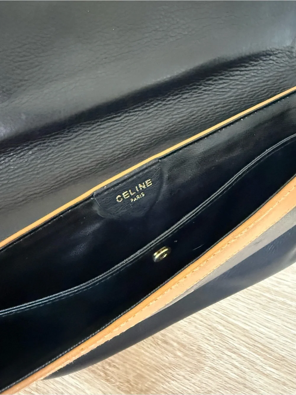 Vintage Celine Black Leather Fold-Over Clutch with Gold Hardware